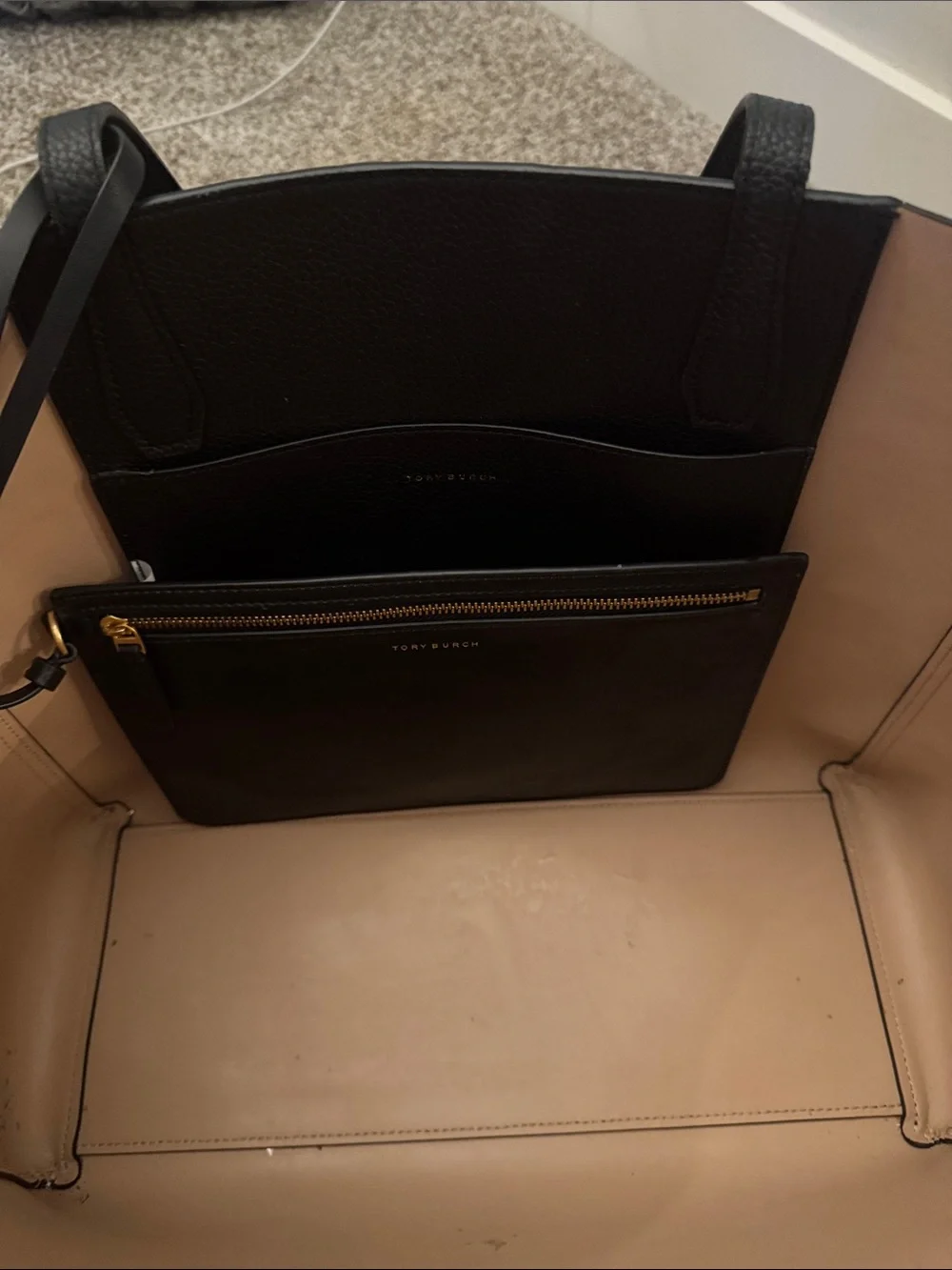 Tory Burch Black Leather Tote with Gold Logo